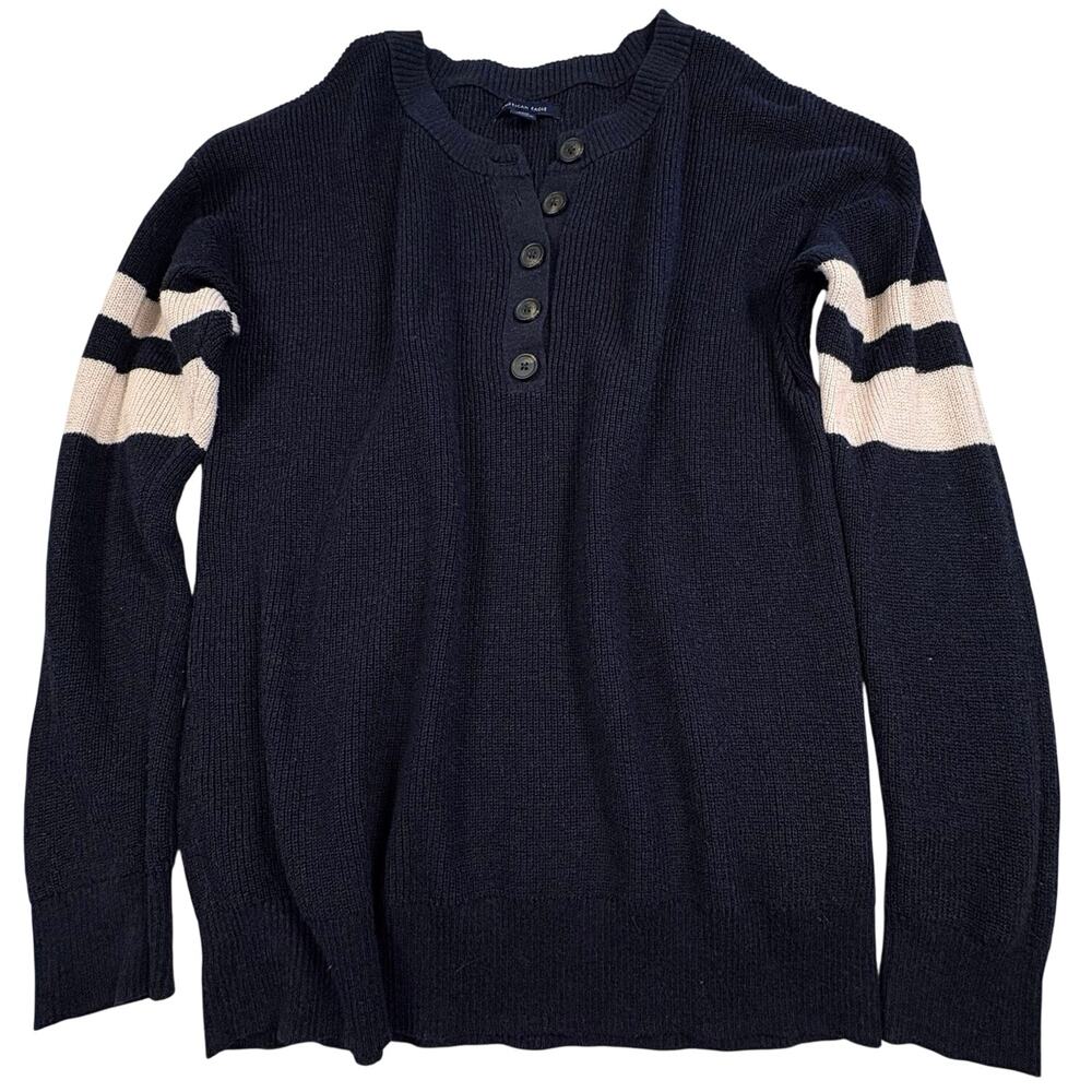 American Eagle 1/2 Button Varsity Stripe Sweater Women's S Navy Blue Y2K Retro